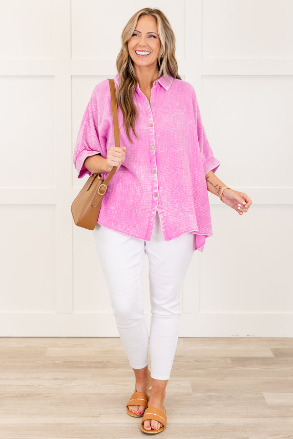 Chic Soul plus size clothing, bright mauve acid wash short sleeve gauze button up top with collar detail with cuff sleeves