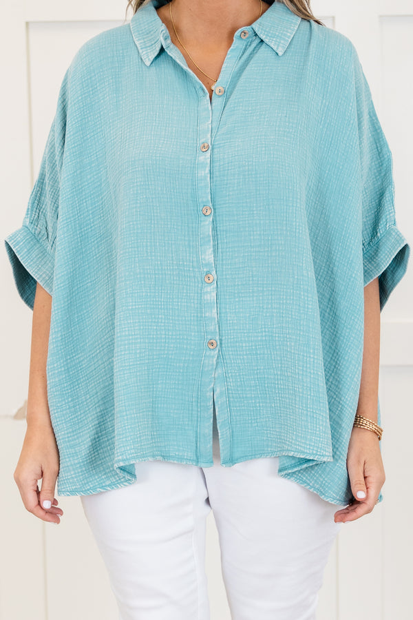Chic Soul plus size clothing, dusty teal acid wash short sleeve gauze button up top with collar detail with cuff sleeves