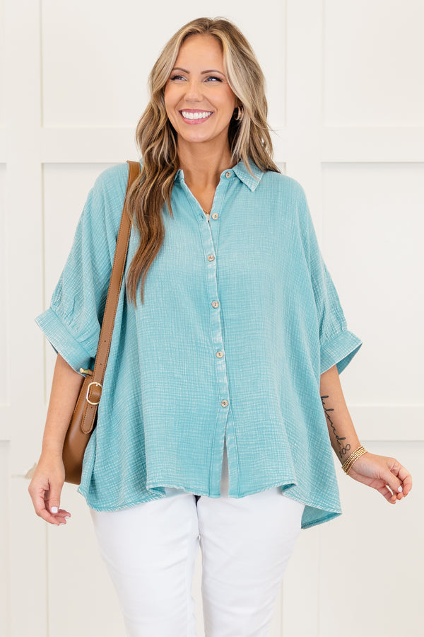 Chic Soul plus size clothing, dusty teal acid wash short sleeve gauze button up top with collar detail with cuff sleeves