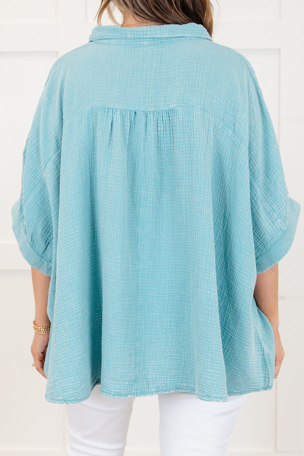 Chic Soul plus size clothing, dusty teal acid wash short sleeve gauze button up top with collar detail with cuff sleeves