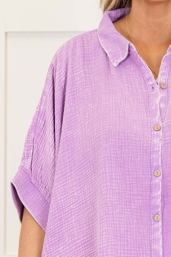 Chic Soul plus size clothing, lavender acid wash gauze material short sleeve button up top with collar detail with cuffed sleeves with slits on the sides of the bottom