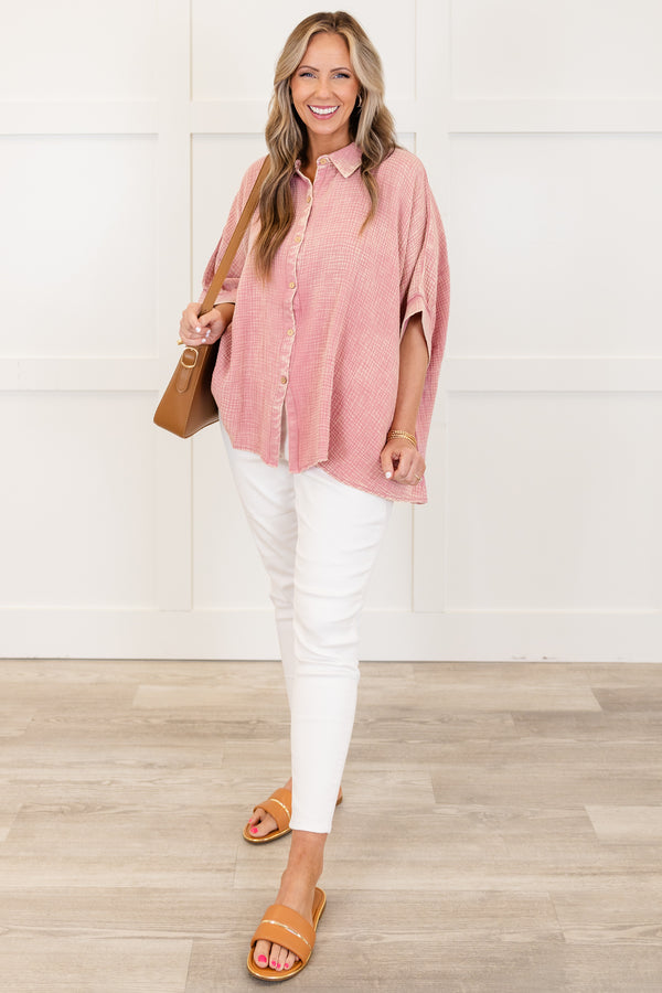 Chic Soul plus size clothing, light rose short sleeve acid wash button up top with collar detail with cuffed sleeves

