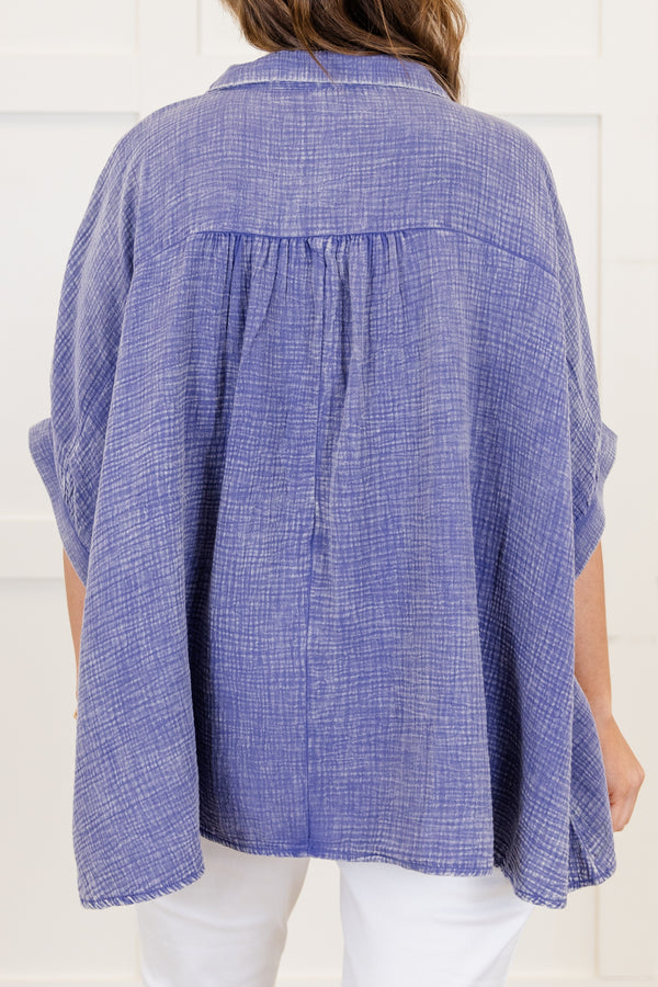 Chic Soul plus size clothing, marlin purple short sleeve acid wash button up top with collar detail with cuffed sleeves
