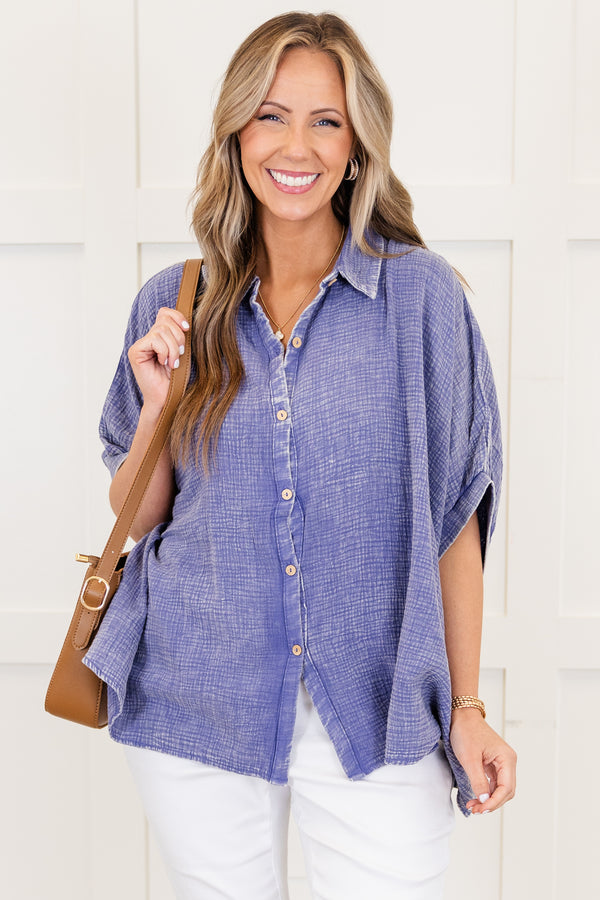 Chic Soul plus size clothing, marlin purple short sleeve acid wash button up top with collar detail with cuffed sleeves
