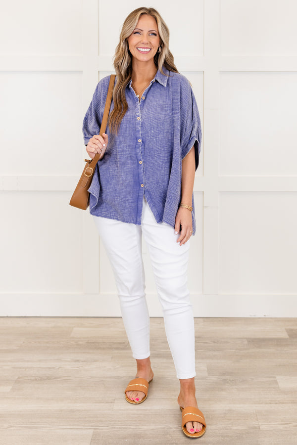 Chic Soul plus size clothing, marlin purple short sleeve acid wash button up top with collar detail with cuffed sleeves
