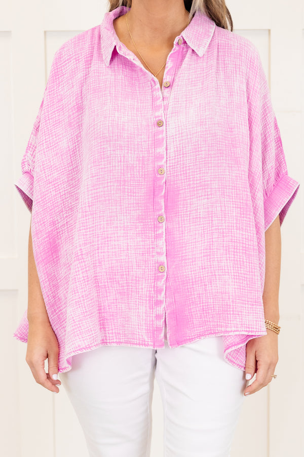 Chic Soul plus size clothing, mauve acid wash gauze material short sleeve button up top with collar detail with cuffed sleeves with slits on the sides of the bottom