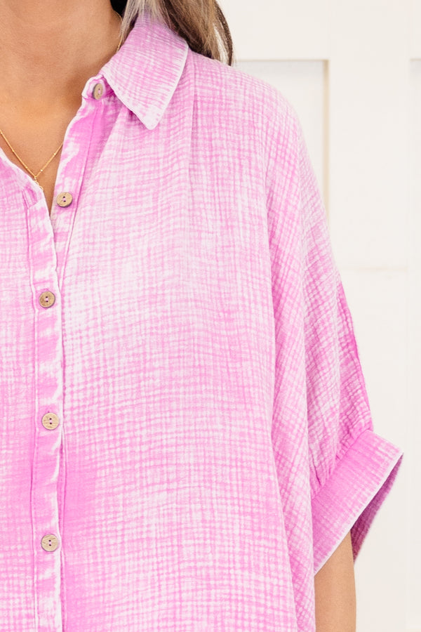 Chic Soul plus size clothing, mauve acid wash gauze material short sleeve button up top with collar detail with cuffed sleeves with slits on the sides of the bottom