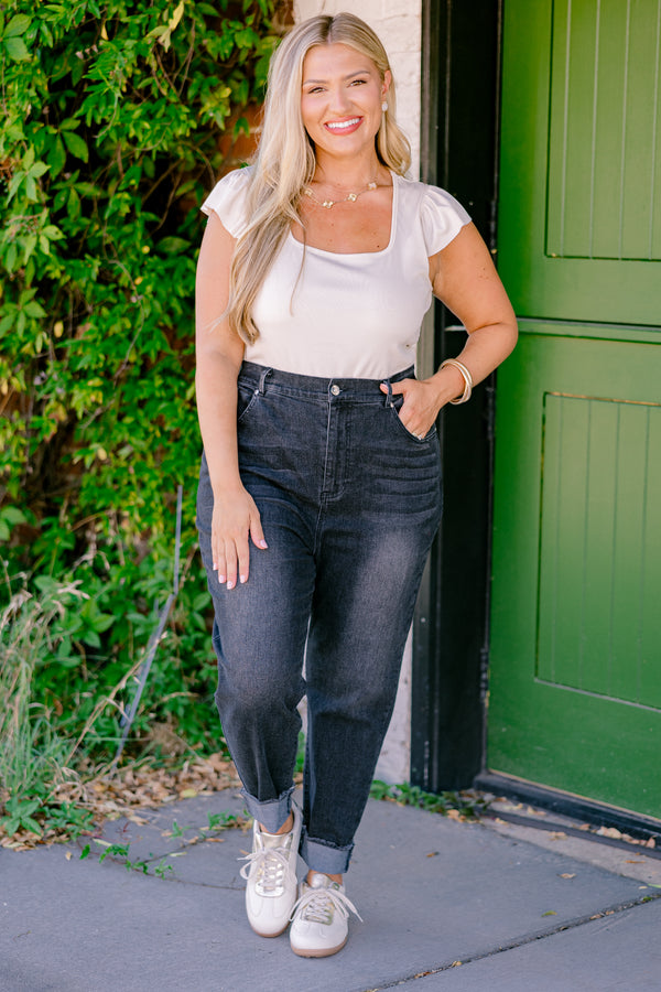 Chic Soul plus size clothing, black high rise straight leg denim with unfinished hem