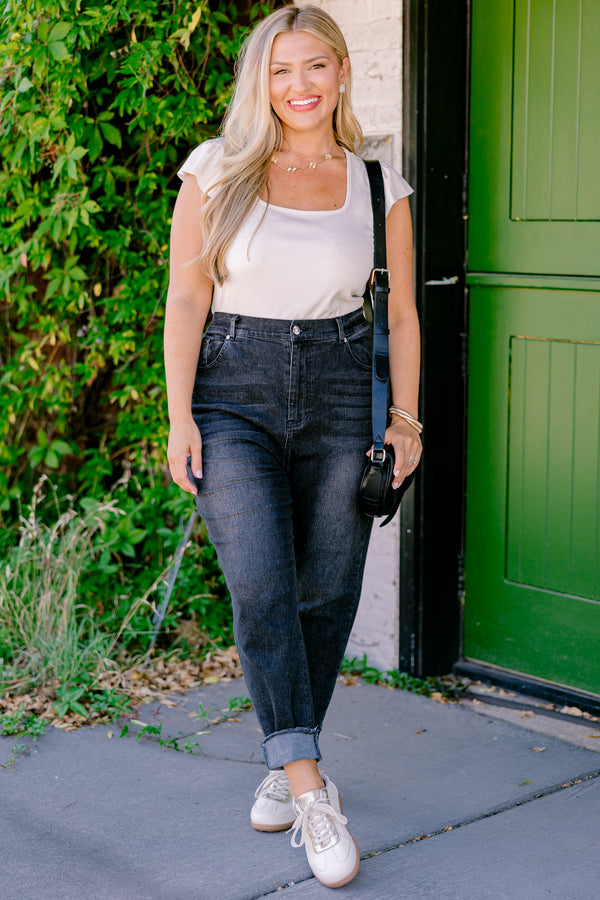 Chic Soul plus size clothing, black high rise straight leg denim with unfinished hem