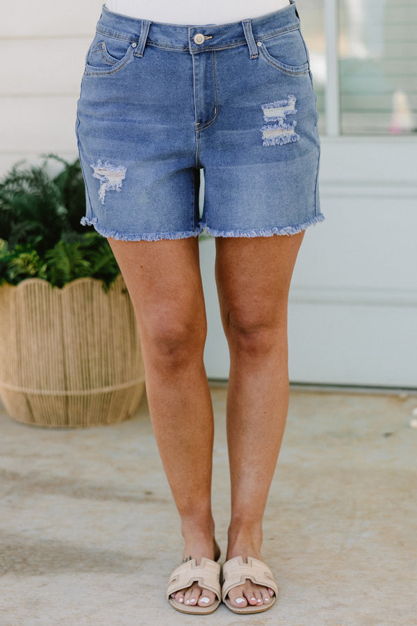 Chic Soul plus size clothing, medium wash distressed denim shorts with frayed hemlines