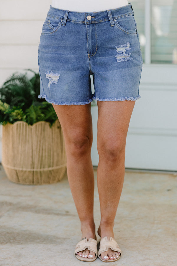 Chic Soul plus size clothing, medium wash distressed denim shorts with frayed hemlines