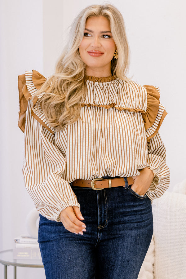 Chic Soul plus size clothing, brown and white horizontal pin stripe long sleeve top with big ruffles on the shoulders