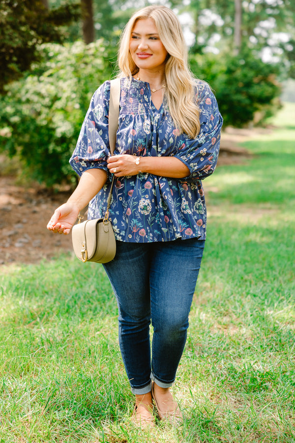 Chic Soul plus size clothing, dusty blue top with bubble sleeves and a floral pattern throughout 