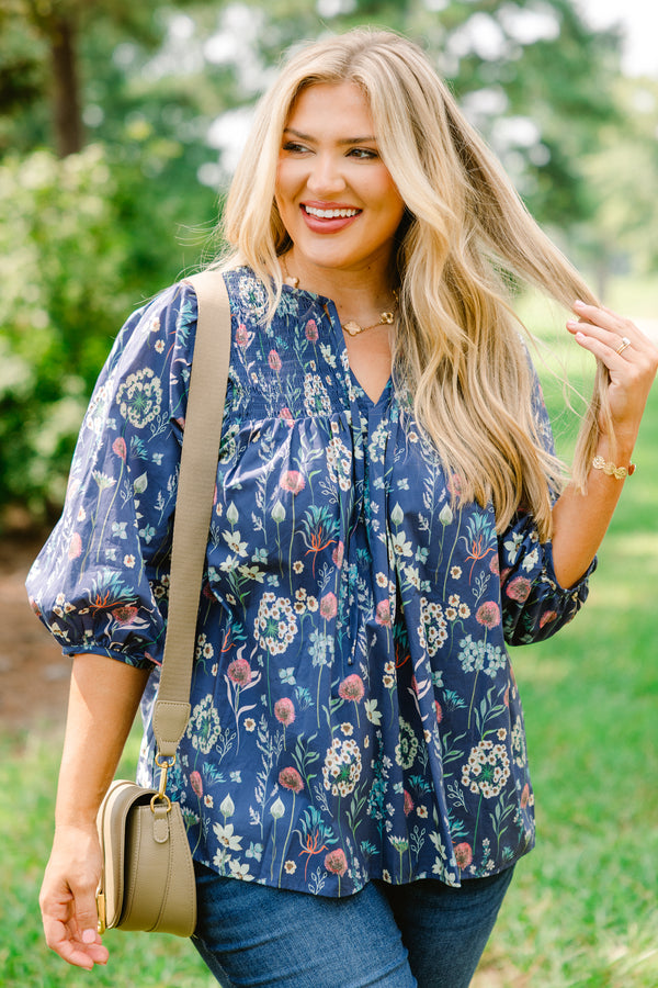 Chic Soul plus size clothing, dusty blue top with bubble sleeves and a floral pattern throughout 
