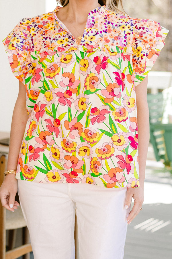 Chic Soul plus size clothing, white short flutter sleeve top with floral pattern