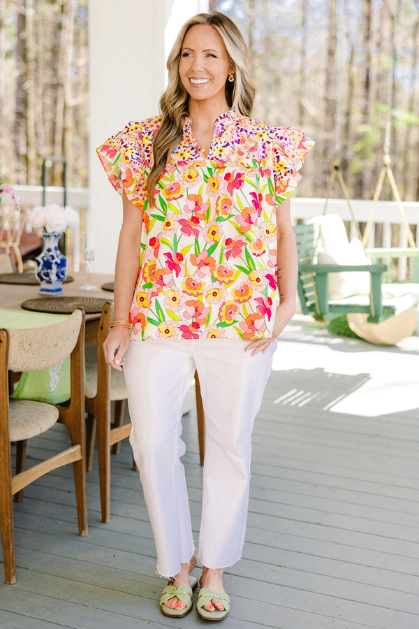 Chic Soul plus size clothing, white short flutter sleeve top with floral pattern