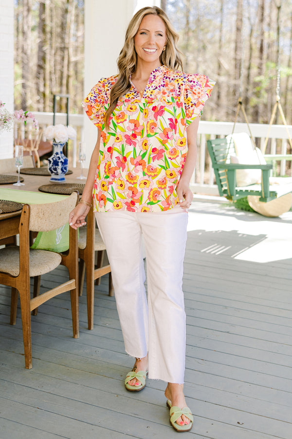 Chic Soul plus size clothing, white short flutter sleeve top with floral pattern
