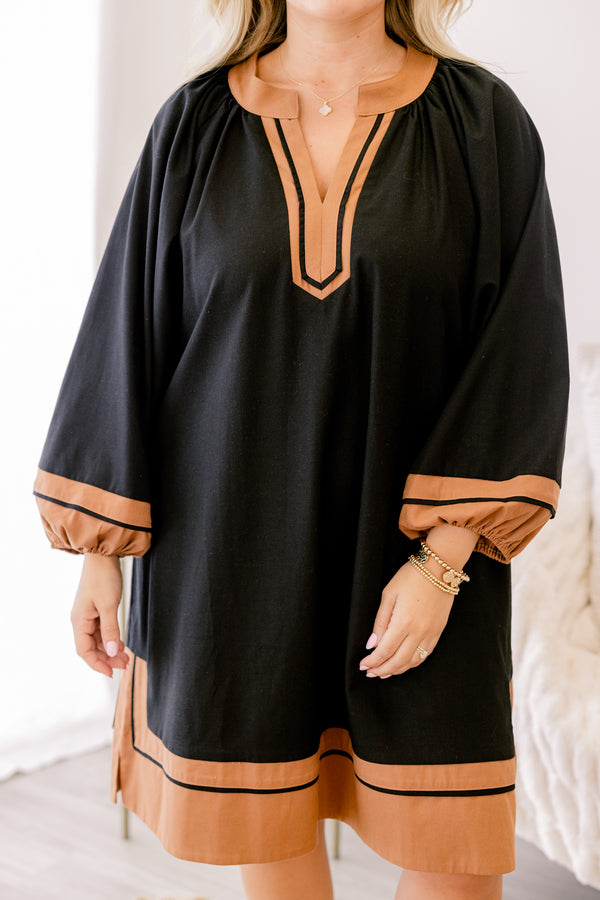 Chic Soul plus size clothing, black long bubble sleeve short dress with camel brown edges at the bottom of the dress and the sleeves and bordered the v-neckline 