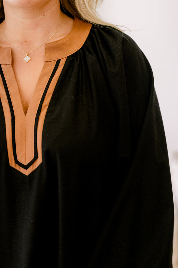 Chic Soul plus size clothing, black long bubble sleeve short dress with camel brown edges at the bottom of the dress and the sleeves and bordered the v-neckline 