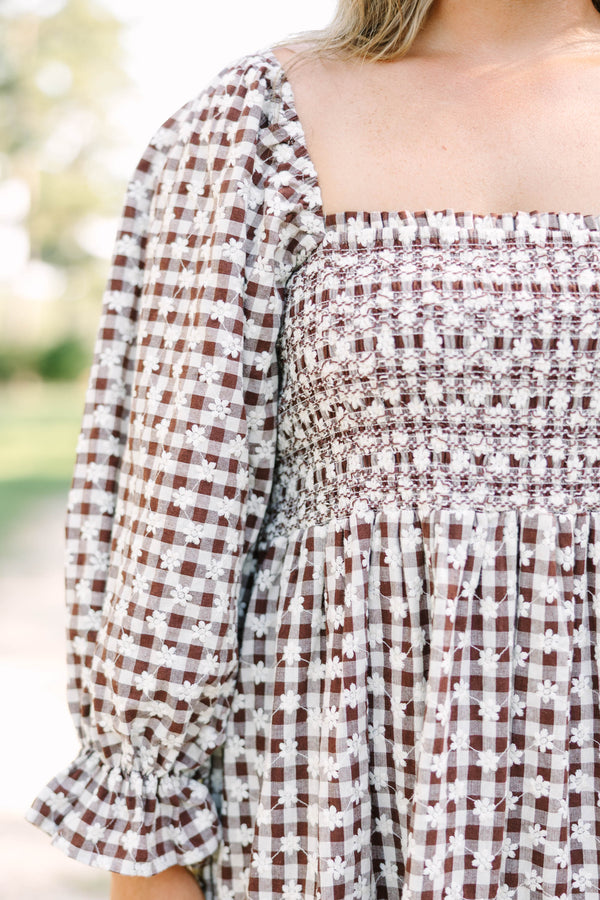 Plus size clothing, brown gingham midi dress with floral embroidery