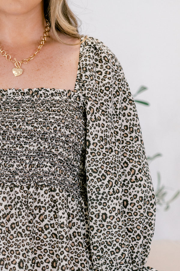 Chic Soul plus size clothing, leopard print long sleeve maxi dress with smocked chest and cinched wrists