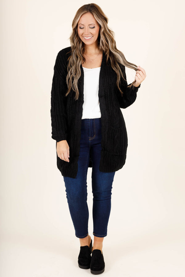Chic Soul plus size clothing, black soft crochet style thigh length cardigan top