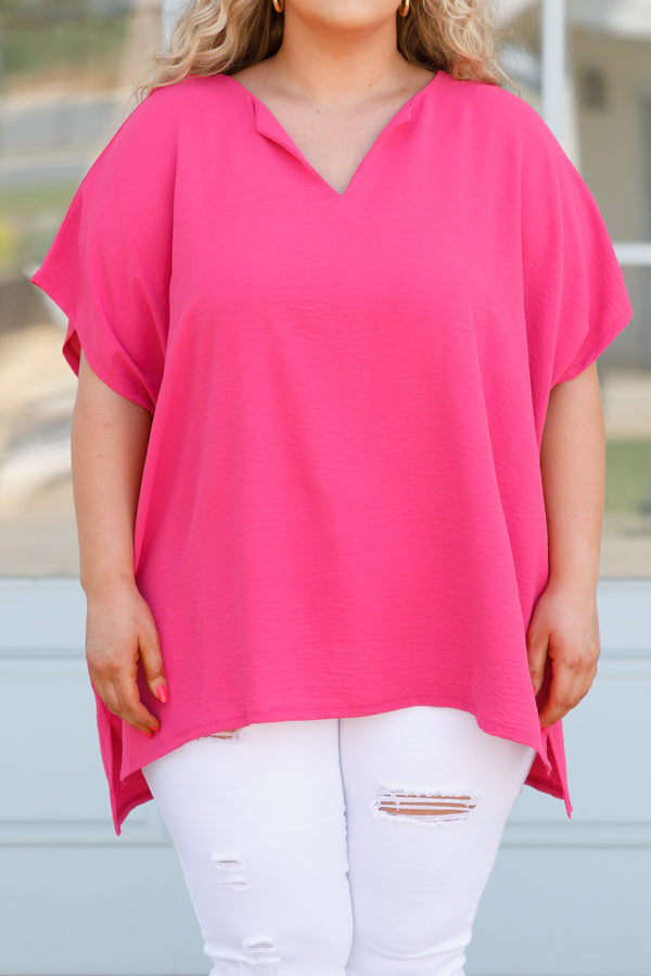 Chic Soul plus size clothing, hot pink flowy blouse with a v neck
