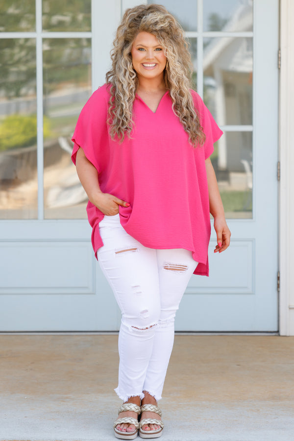 Chic Soul plus size clothing, hot pink flowy blouse with a v neck