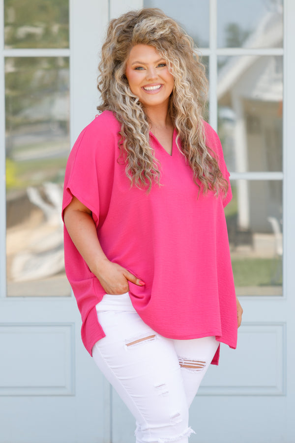 Chic Soul plus size clothing, hot pink flowy blouse with a v neck