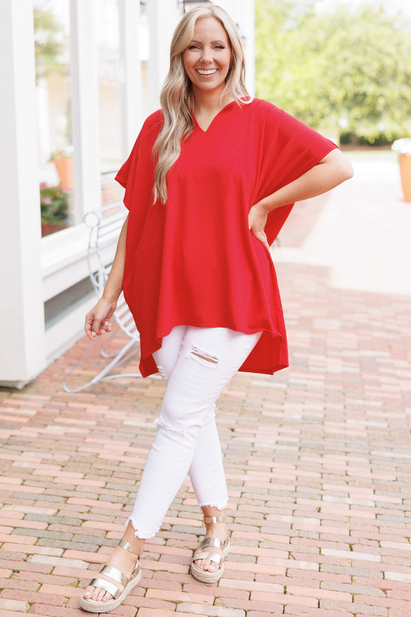 Chic Soul plus size clothing, red flowy blouse with a v neck