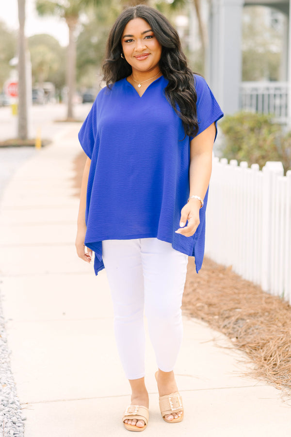 Chic Soul plus size clothing, royal blue air flow blouse with a v neck