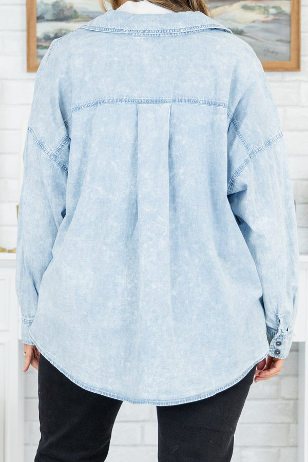 Chic Soul plus size clothing, light indigo button down top with acid wash look and pockets on chest