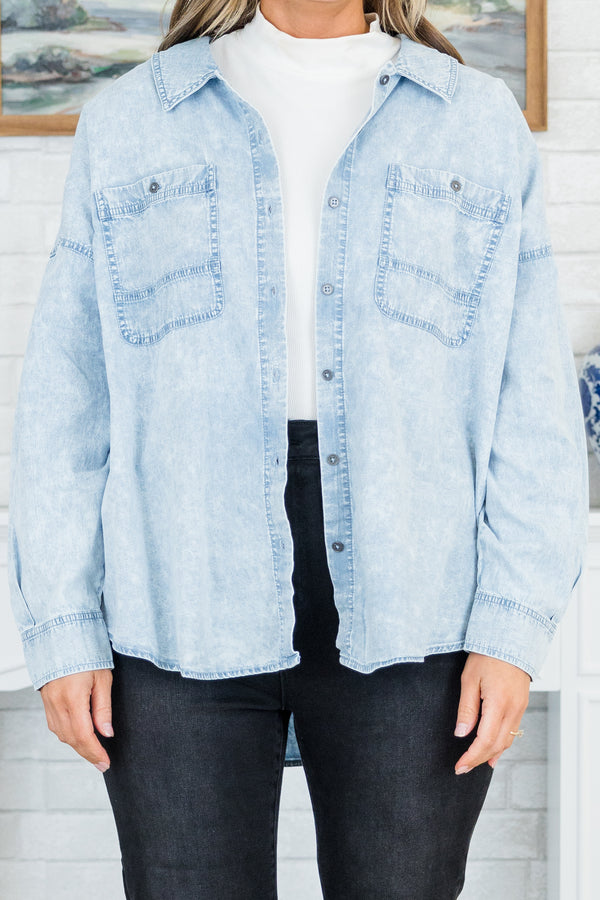 Chic Soul plus size clothing, light indigo button down top with acid wash look and pockets on chest