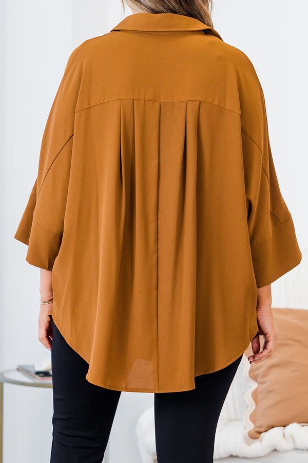 Chic Soul plus size clothing, brown three quarter length sleeve button up top with collar detail and cuff sleeves