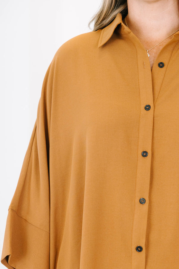 Chic Soul plus size clothing, brown three quarter length sleeve button up top with collar detail and cuff sleeves