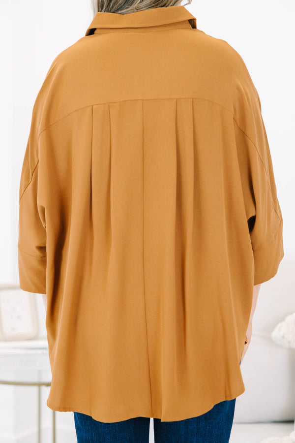Chic Soul plus size clothing, brown three quarter length sleeve button up top with collar detail and cuff sleeves