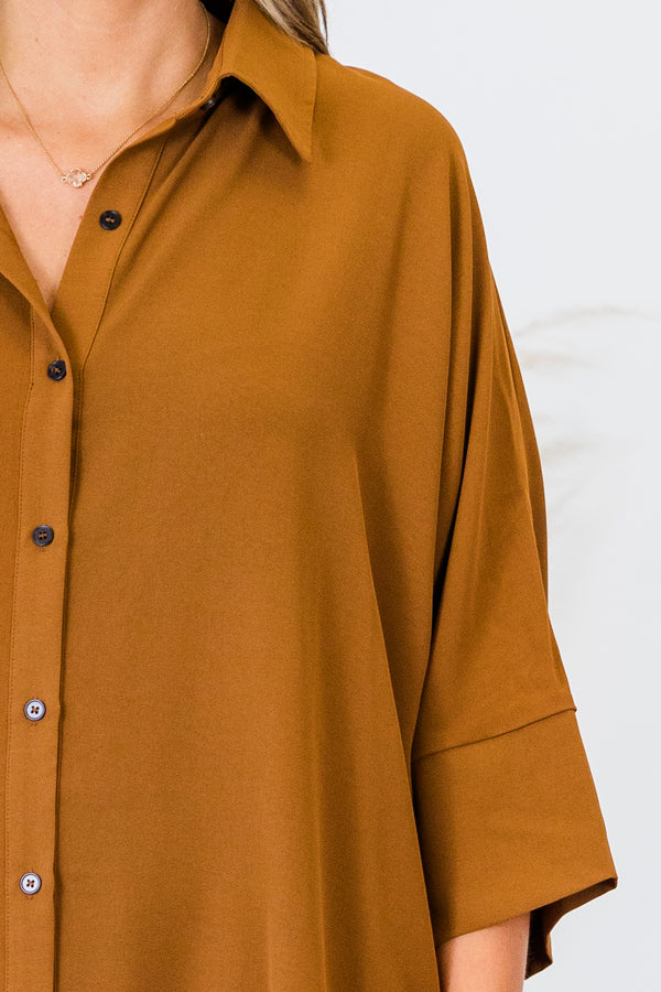 Chic Soul plus size clothing, brown three quarter length sleeve button up top with collar detail and cuff sleeves
