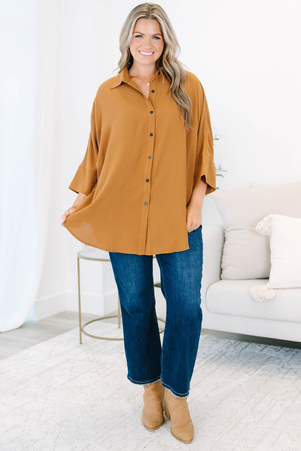 Chic Soul plus size clothing, brown three quarter length sleeve button up top with collar detail and cuff sleeves