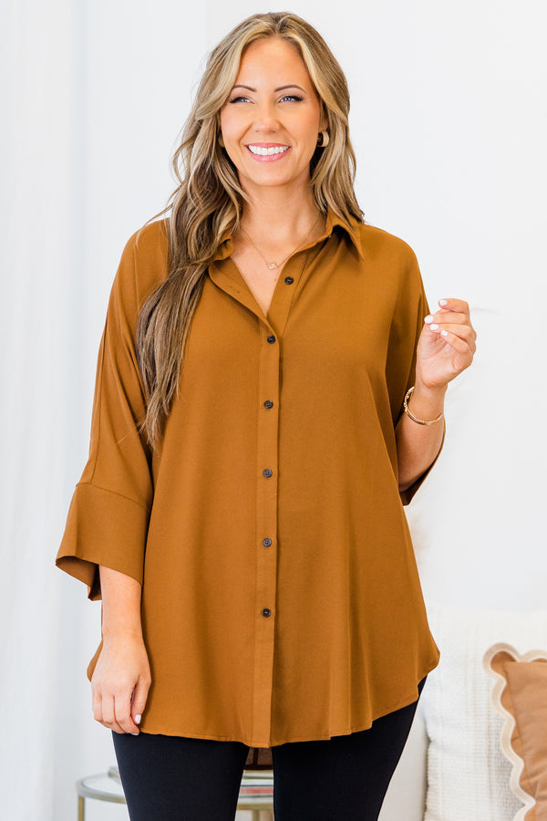 Chic Soul plus size clothing, brown three quarter length sleeve button up top with collar detail and cuff sleeves