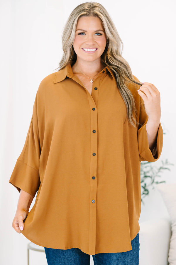 Chic Soul plus size clothing, brown three quarter length sleeve button up top with collar detail and cuff sleeves