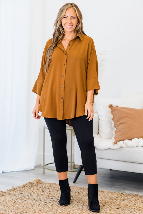 Chic Soul plus size clothing, brown three quarter length sleeve button up top with collar detail and cuff sleeves
