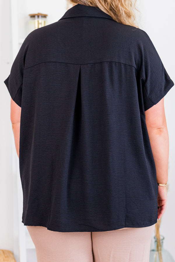 Chic Soul plus size clothing, short sleeve black button up flowy top with collar detail and cuff sleeves