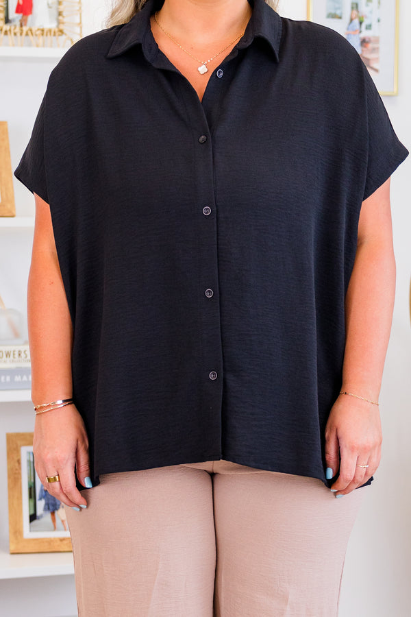 Chic Soul plus size clothing, short sleeve black button up flowy top with collar detail and cuff sleeves
