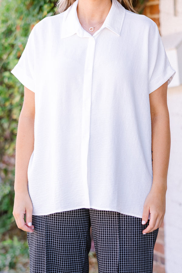 Plus Size ivory short-sleeve button-down top in a textured air flow fabric.
