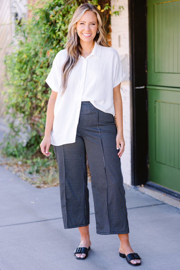 Plus Size ivory short-sleeve button-down top in a textured air flow fabric.