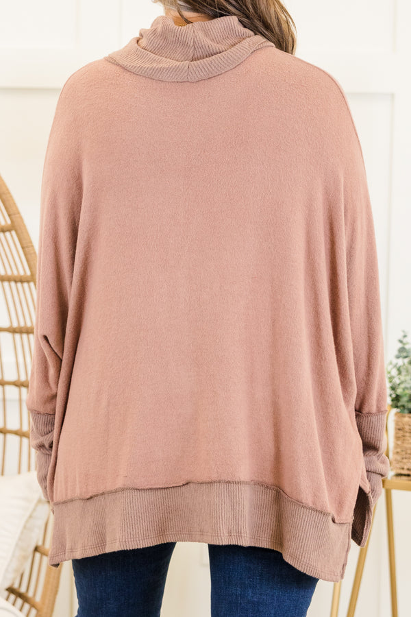 Chic Soul plus size clothing, long-sleeve acorn brown top with inside-out distressed stitching and turtle-neckline
