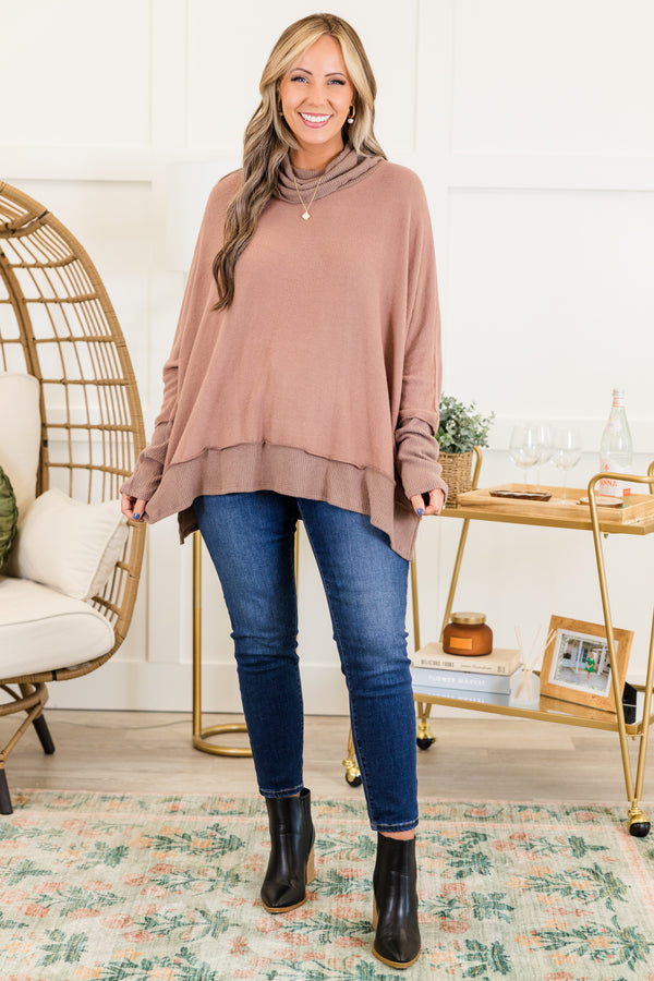 Chic Soul plus size clothing, long-sleeve acorn brown top with inside-out distressed stitching and turtle-neckline