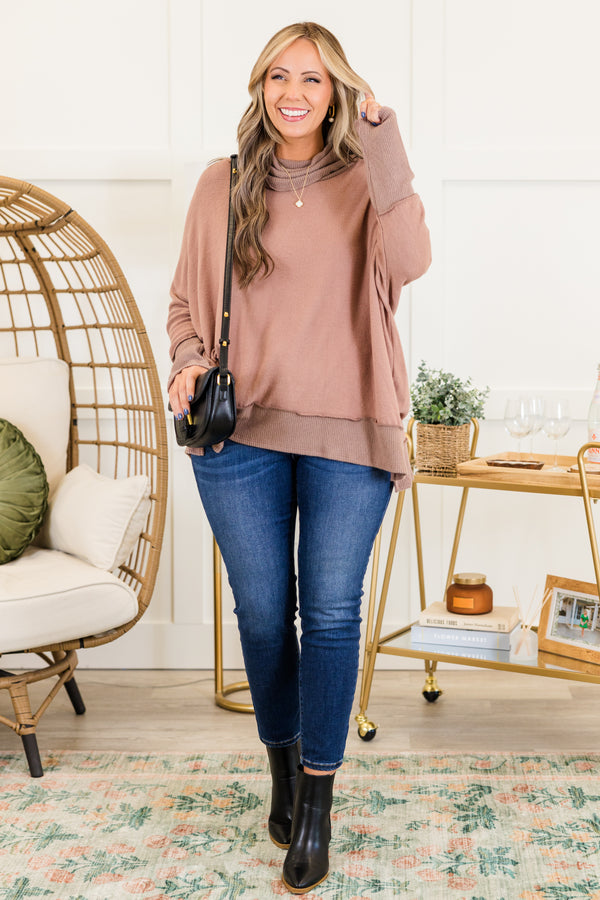 Chic Soul plus size clothing, long-sleeve acorn brown top with inside-out distressed stitching and turtle-neckline