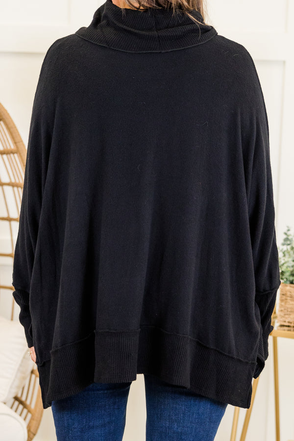 Chic Soul plus size clothing, black long sleeve flowy top with ribbed cuff sleeves with ribbed band along the bottom with slit with cowl turtleneck detail