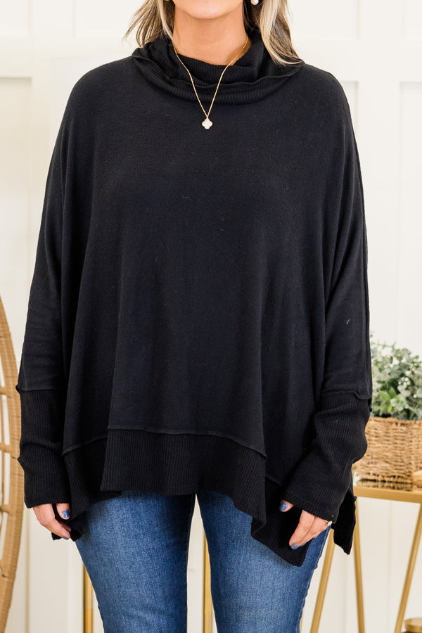 Chic Soul plus size clothing, black long sleeve flowy top with ribbed cuff sleeves with ribbed band along the bottom with slit with cowl turtleneck detail